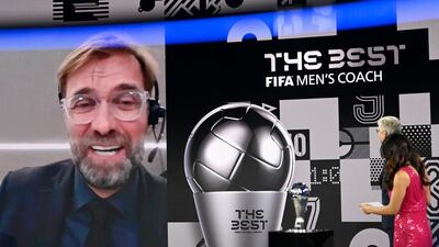 Liverpool's manager Jurgen Klopp smiles after being named men's coach of the year during Fifa's 'The Best' awards ceremony in Zurich on Thursday. AP