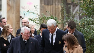 Sir Alex Ferguson, left, former manager of Manchester United and David Gill, centre, director and former chief executive of the club at the funeral service of Sir Bobby Charlton. EPA