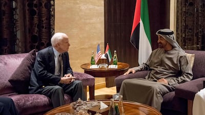 Sheikh Mohamed bin Zayed, Crown Prince of Abu Dhabi Deputy Supreme Commander of the UAE Armed Forces, met with John McCain at Al Shati Palace in February. Rashed Al Mansoori / Crown Prince Court - Abu Dhabi