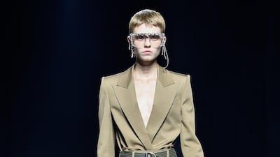 A tuxedo tucked into combat trousers becomes a boiler suit at Givenchy. Pascal Le Segretain. Getty Images