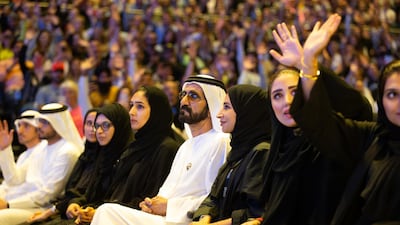 Sheikh Mohammed bin Rashid, Vice President and Ruler of Dubai, joined the crowd during the Tony Robbins event