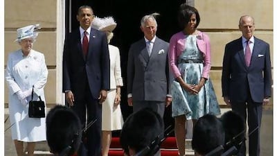 Queen Elizabeth II, President Barack Obama, Prince Charles, Michelle Obama and Prince Philip take part in the official welcome ceremony outside Buckingham Palace at the start of the president's state visit in London yesterday. Alastair Grant/ AP Photo