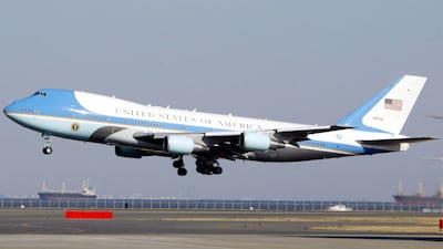 Air Force One takes off – with President George W. Bush and Laura Bush aboard – from Haneda Airport on February 19, 2002 in Tokyo, Japan. Mr Bush was on a week-long three-nation Asia tour.