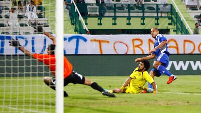 Bruno Cesar Correa of Al Nasr scores his side's first goal during the Etisalat Pro League match against Kalba. Jake Badger/The National