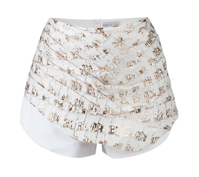 Sweep Me Sideways white-on-gold shorts, Dh470, Nud The Label