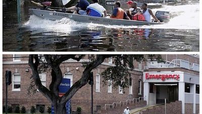 Patients and staff of the Memorial Medical Center in New Orleans are evacuated by boat and a decade later, the renamed Ochsner Baptist Hospital.
