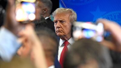 Donald Trump speaks to journalists after the presidential debate with Kamala Harris. AFP