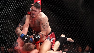 Tom Aspinall pins Alexander Volkov in their heavyweight bout at UFC London. PA