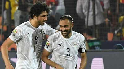 Egypt defender Ahmed Elmohamady, right, celebrates his goal with Ahmed Hegazi. AFP