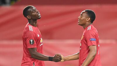 Anthony Martial of Manchester United celebrates with Paul Pogba. Getty