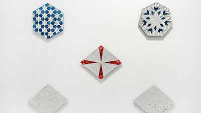 Monir Shahroudy Farmanfarmaian's works made of mirror and reverse-glass painting on plexiglass on view at Sharjah Art Foundation's exhibition Monir Shahroudy Farmanfarmaian: Sunset, Sunrise. Courtesy of The Third Line, Dubai. Sharjah Art Foundation