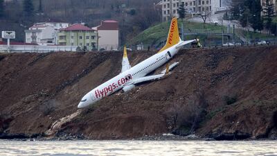 A Pegasus Airlines passenger plane skidded off the runway after landing at Trabzon, Turkey, in 2018. AFP Photo
