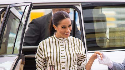 Meghan, Duchess of Sussex, wears Martin Grant at the Fa'onelua Convention Centre on October 26, 2018 in Nuku'alofa, Tonga. Getty