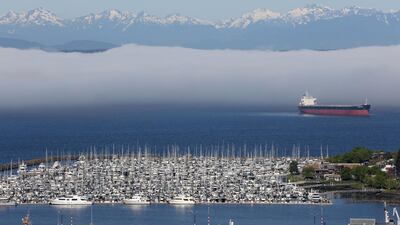 A marina, a cargo ship and the Olympic Mountains stretch into the distance, viewed from the Queen Anne neighborhood of Seattle, Washington, US. Reuters
