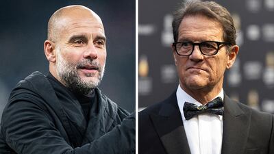 Manchester City manager Pep Guardiola, left, and former Italian coach Fabio Capello. Photos: AP / AFP