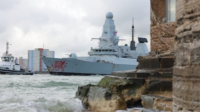Type-45 Daring class guided missile destroyer HMS Dragon leaves Portsmouth in southern England on its way to the Eastern Mediterranean. PA