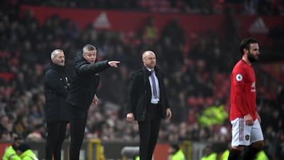 Manchester United manager Ole Gunnar Solskjaer gives his team instructions. Getty Images