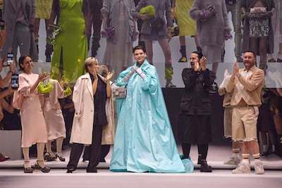 Canadian model Linda Evangelista, centre, joined Fendi designers at New York Fashion Week on Friday. AFP