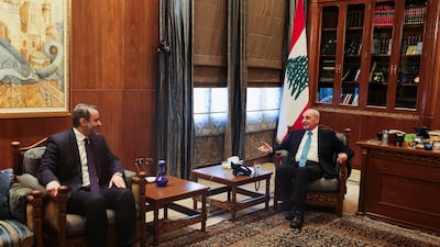 Syrian Foreign Minister Asaad Al Shibani, left, meets Lebanese Parliament Speaker Nabih Berri in Beirut on Thursday. Reuters