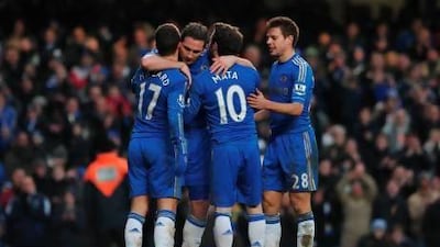 Chelsea's Frank Lampard celebrates with teammates Eden Hazard, Juan Mata and Cesar Azpilicueta. Carl Court / AFP