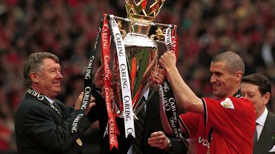 Manager Alex Ferguson and Roy Keane with the Premier League Premiership trophy in 2000-01, a season they won with 80 points. Allsport