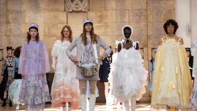 A model played a snare drum during the Bora Aksu show. AFP