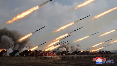 Rockets are fired in an artillery training exercise in North Korea. AFP