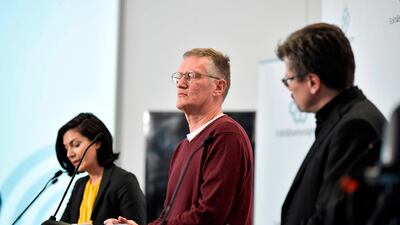 (L to R) Taha Alexandersson of the National Board of Health and Welfare in Sweden, epidemiologist Anders Tegnell of the Public Health Agency of Sweden and Svante Werger of the Swedish Civil Contingencies Agency attend a press conference to update on the coronavirus situation on April 2, 2020 in Stockholm, Sweden. AFP