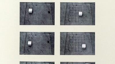 Hassan Sharif's Drawing Squares on the Floor Using a Cube (1982). Courtesy of the artist and Gallery Isabelle van den Eynde