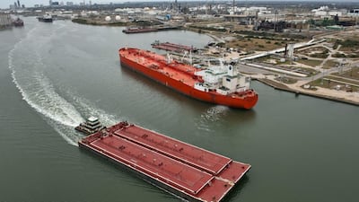 The tanker Eagle Seville, right, discharges crude oil at the Port of Corpus Christi in Corpus Christi, Texas. Energy experts said that inventory data for August and tanker tracking data do not support the idea that floating storage has significantly increased. Eddie Seal / Bloomberg News