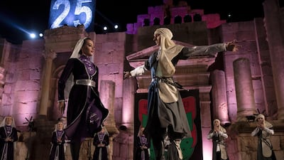 Circassian dancers from Al-Jeel Al-Jadeed Club (the New Generation Club) perform during the 2019 Jerash Festival of Culture and Arts at the Jerash archeological site, Jerash, some 46 km North of Amman, Jordan. EPA