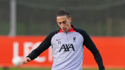 Liverpool's Kostas Tsimikas during training on Merseyside. PA