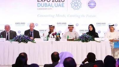 (From left) Vincente Gonzalez Loscertales, Secretary General of the BIE, Steen Christensen, Chairman of BIE's Enquiry Mission to the UAE, His Highness Sheikh Ahmed bin Saeed Al Maktoum, President of Dubai Civil Aviation Authority and Chairman/Chief Executive of Emirates Airline and other officials at the press conference of Expo Dubai 2020 held at Burj Al Arab hotel. Pawan Singh / The National