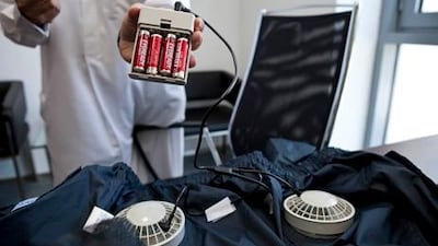 The fans in a Japanese-designed cooling jacket used by inspectors at the Department of Economic Development are powered by four Double-A batteries. Razan Alzayani/The National