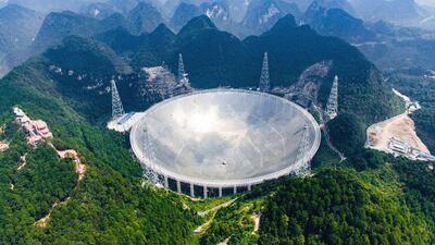 Aan aerial view shows the Five-hundred-meter Aperture Spherical Telescope (FAST) in the remote Pingtang county in south-west China's Guizhou province where China has begun operating the world's largest radio telescope to help search for extraterrestrial life. Liu Xu/Xinhua via AP