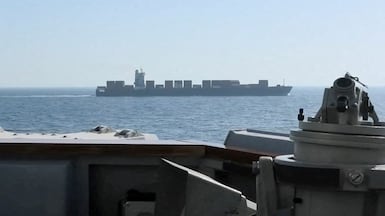 The Iranian-flagged Touska is seen from the USS Spruance, as it intercepts the cargo ship. Photo: Centcom