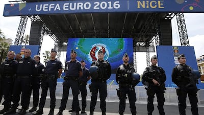 French police were out in force at the Euro 2016 fan zone in Nice on June 8, 2016. Sebastien Nogier / EPA