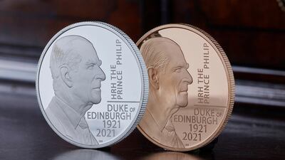 The special edition five pound coin features an original portrait of Prince Philip. (HM Treasury via AP)