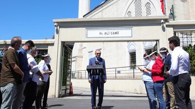 Turkish President Recep Tayyip Erdogan speaks about Turkey-Greece tension after Friday prayers, in Istanbul, Friday, Aug. 14, 2020. (Turkish Presidency via AP, Pool)