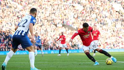 Andreas Pereira scores Manchester United's first goal against Brighton and Hove Albion at Old Trafford. Getty Images