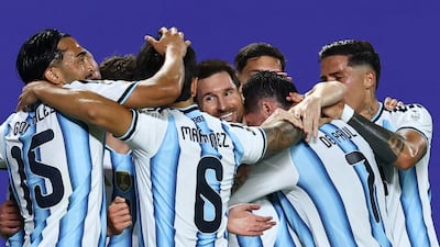 Argentina's Lionel Messi celebrates scoring their second goal against Algeria in Kansas City. Reuters