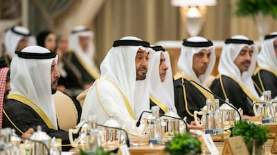 Sheikh Mohamed bin Zayed co-chair a meeting of the Saudi-Emirati Coordination Council at Qasr Al Watan. Seen with Sheikh Hamdan bin Zayed Al Nahyan, Ruler’s Representative in Al Dhafra Region, left.
