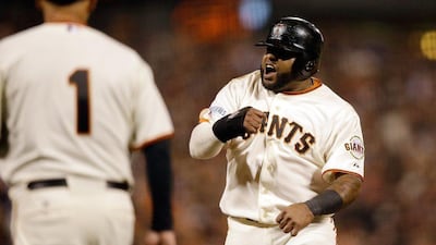 Pablo Sandoval of the San Francisco Giants reacts in the sixth inning after driving in the go-ahead run against the Kansas City Royals in Game 4 of the World Series on Saturday night in San Francisco. Ezra Shaw / Getty Images / AFP / October 25, 2014