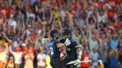 Kane Williamson, left, and Trent Boult celebrate after guiding New Zealand to victory over Australia in their Cricket World Cup match on February 28. Mark Kolbe /Getty Images