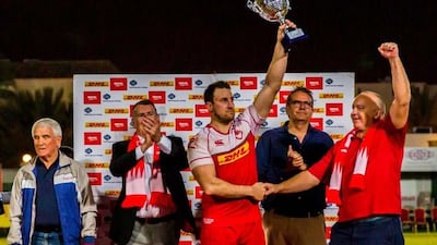 Bahrain players celebrate after beating Dubai Exiles in the final of the 2019 West Asia Premiership final. Courtesy Bahrain RFC