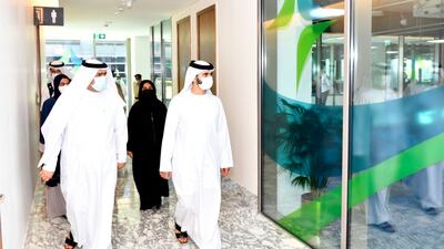 Sheikh Mansoor bin Mohammed, chairman of the emirate's Supreme Committee of Crisis and Disaster Management, visits a Covid-19 vaccination centre in Dubai on Sunday. Courtesy: Dubai Media Office