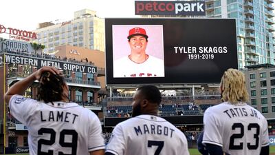 The San Diego Padres pay tribute to Los Angeles Angels pitcher Tyler Skaggs, who died on Monday, before a game against the San Francisco Giants. Reuters