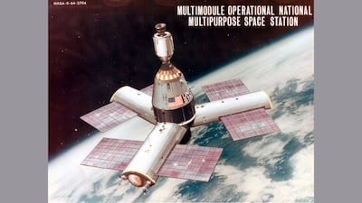 This three-radial-module space station concept was intended to utilize Apollo hardware to deploy the station and transfer crews to and from orbit