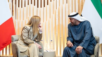President Sheikh Mohamed and Italian Prime Minister Giorgia Meloni at the G7 summit in France in June. Abdulla Al Neyadi / UAE Presidential Court