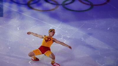 Spain’s Javier Fernandez performs during the Figure Skating Gala Exhibition at the Sochi 2014 Winter Olympics on February 22, 2014. David Gray / Reuters